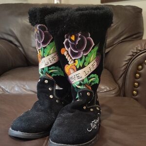 Ed Hardy Blackand Purple Faux Lined Winter Boots